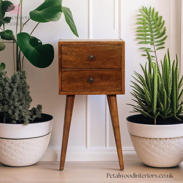 Dark  Solid Wood - Bedside Table - 2 Drawers - 57cm Height | Traditional Legs - Petalwood Interiors