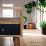 Solid Wood - Bedside Table  - Navy Blue Drawer - 57cm Height  | Traditional Finish - Petalwood Interiors