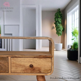 Mini Solid Wood Tv Stand - Oak Finish - 2 Drawers - Wooden Legs - 45cm Height - Petalwood Interiors