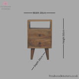 Mini Bedside Table - Light Brown Solid Wood - 2 Drawers - 50cm Height | Wooden Legs - Petalwood Interiors