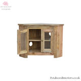 Corner TV Stand - Solid Wood - Hand-Distressed - Glazed Doors - Country Style - Timesless Desingn - Petalwood Interiors - Front 2
