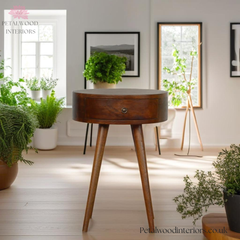 Circular Dark Brown Bedside Table - 100% Solid Wood - 56cm Height - Single Drawer - Petalwood Interiors