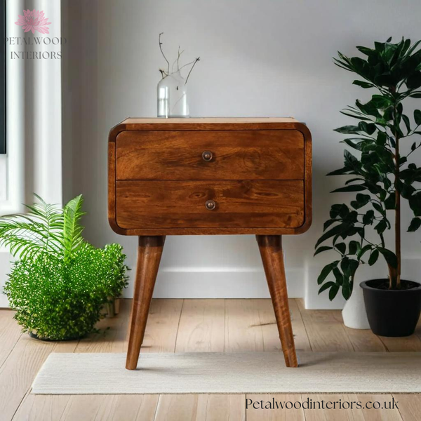 Curved Dark Wood Bedside Table - Solid Wood - 2 Drawers - 55cm Height | Classic Legs - Petalwood Interiors