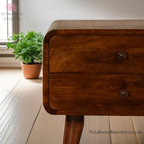 Curved Dark Wood Bedside Table - Solid Wood - 2 Drawers - 55cm Height | Classic Legs - Petalwood Interiors