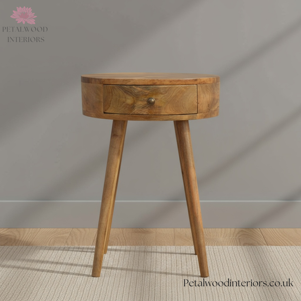 Light Brown Solid Wood - Cylindrical Bedside Table - Single Drawer - Unique Design - Timesless Desingn - Petalwood Interiors - Front