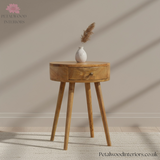 Light Brown Solid Wood - Cylindrical Bedside Table - Single Drawer - Unique Design - Timesless Desingn - Petalwood Interiors - Side