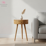 Light Brown Solid Wood - Cylindrical Bedside Table - Single Drawer - Unique Design - Timesless Desingn - Petalwood Interiors - Front