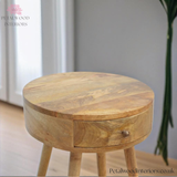 Light Brown Solid Wood - Cylindrical Bedside Table - Single Drawer | Unique Design - Petalwood Interiors