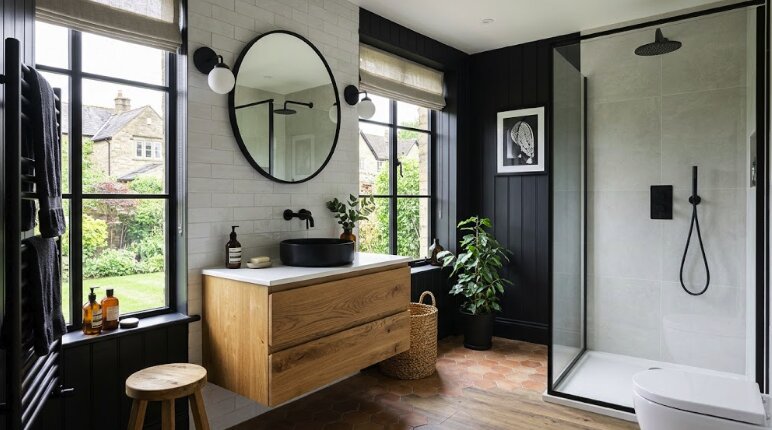 How to Pair Natural Wood with Black Details in a Bathroom