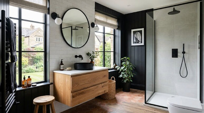 How to Pair Natural Wood with Black Details in a Bathroom