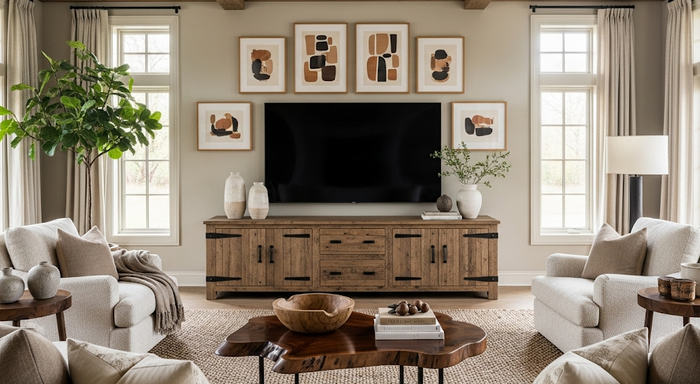 interior design with rustic tv stand