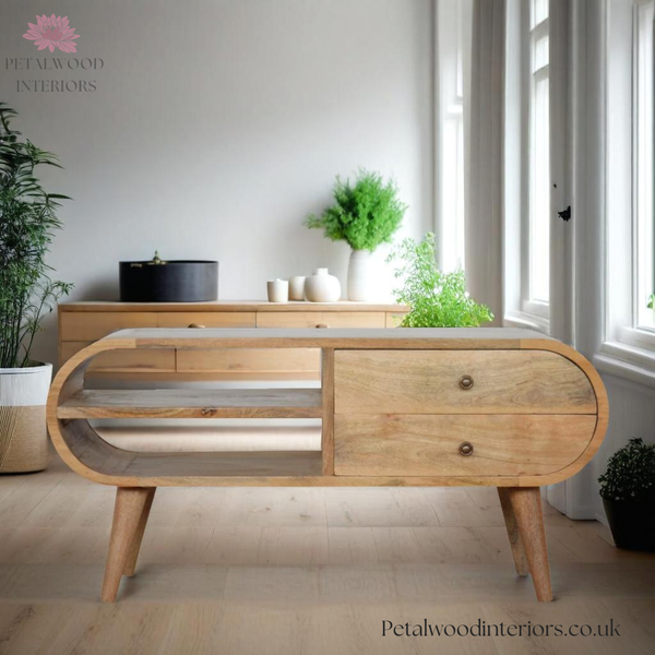 Rounded Solid Wood Media Unit | 2 Drawers |  90cm Wide - Petalwood Interiors
