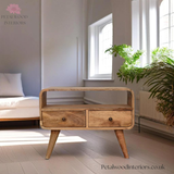 Mini Solid Wood Tv Stand - Oak Finish - 2 Drawers - Wooden Legs - 45cm Height - Petalwood Interiors