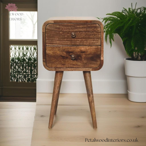 Mini Curved Bedside Table - Solid Wood - 2 Drawers - 55cm Height | Traditional Style - Petalwood Interiors