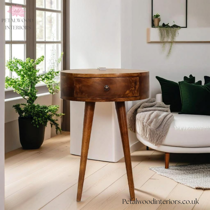 Dark Solid Wood - Bedside Table - 56cm Height - Brass Knob Drawer - Petalwood Interiors