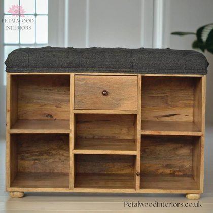 Solid Wood - Shoe Storage Bench - Black Tweed Seat - 58cm Height - 6 Shelves | Traditional Finish - Petalwood Interiors