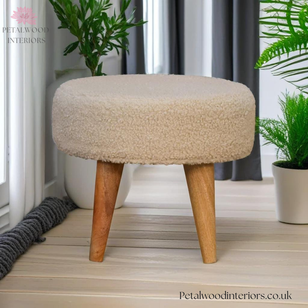 Small Footstool - Pouffe with 100% Cotton Upholstery - Solid Wood Legs - Petalwood Interiors