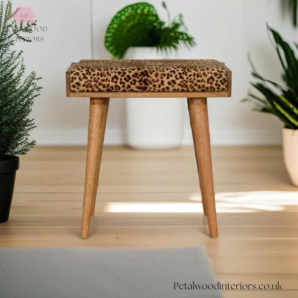 Solid Wood - Footstool with Leopard Print Upholstery - Petalwood Interiors
