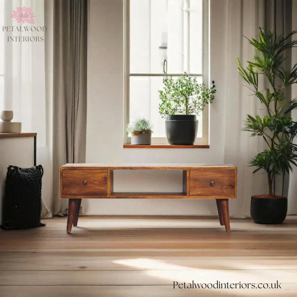 Solid Wood - Coffee Table - Dark Wood Finish - 38cm Height - Brass Knobs | Modern Storage - Petalwood Interiors
