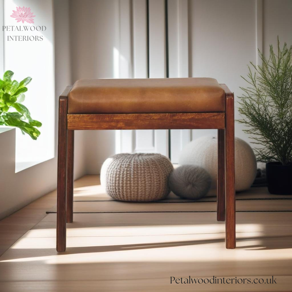 Solid Wood - Footstool with 100% Leather - Petalwood Interiors