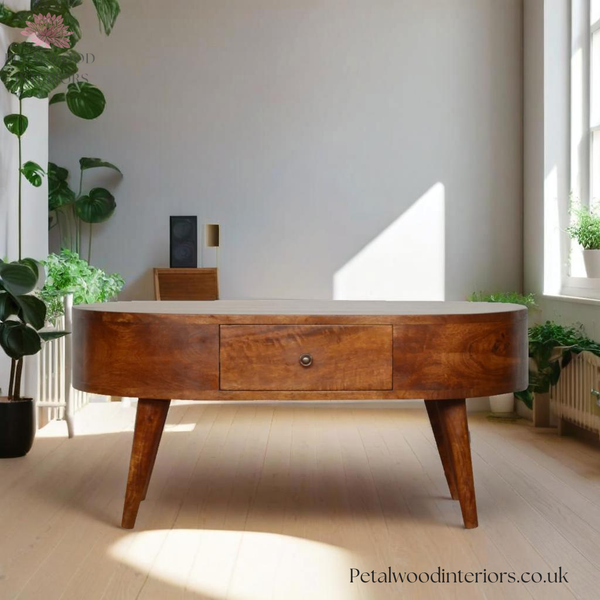 Solid Wood - Coffee Table - Dark Wood Finish - 40cm Height - Wooden Legs - Single Drawer Storage - Petalwood Interiors