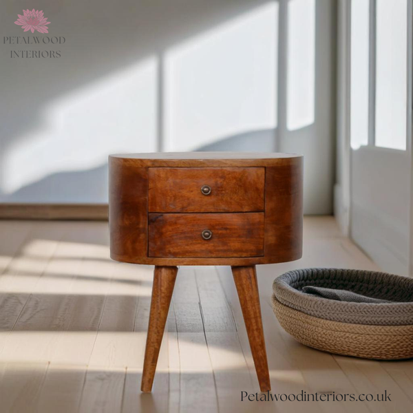 Dark Solid Wood - Bedside Table - Wooden Legs - 2 Mini Drawers - 54cm Height - Petalwood Interiors