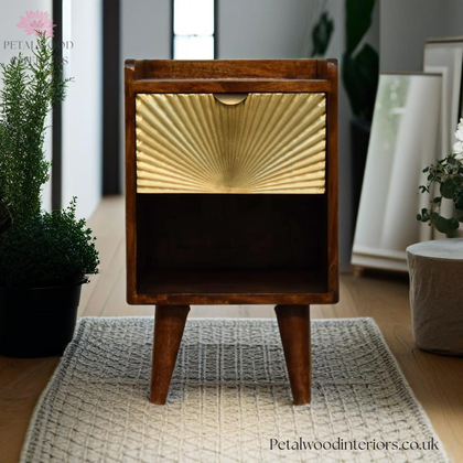 Mini Mid Century Bedside Table - Brass Drawer - Wooden Legs - 50cm Height - Petalwood Interiors