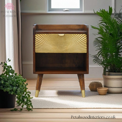 Mid Century Solid Wood - Bedside Table - Brass Accents - Wooden Legs - Drawer and Open Slot - Petalwood Interiors