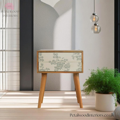 Solid Wood - Bedside Table - Green Floral Drawers  - Glass Knobs | Classic Legs - Petalwood Interiors