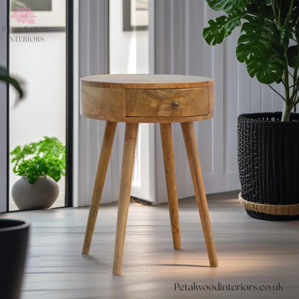 Light Brown Solid Wood - Cylindrical Bedside Table - Single Drawer | Unique Design - Petalwood Interiors