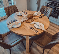 Solid Oak Round Dining Table - With Wooden Legs and Leather Chairs - 100cm