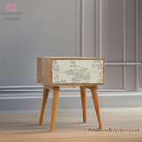 Solid Wood - Bedside Table - Green Floral Drawers  - Glass Knobs | Classic Legs - Petalwood Interiors