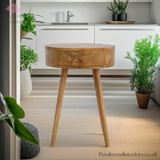 Light Brown Solid Wood - Cylindrical Bedside Table - Single Drawer | Unique Design - Petalwood Interiors