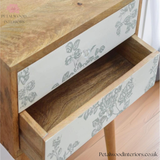 Solid Wood - Bedside Table - Green Floral Drawers  - Glass Knobs | Classic Legs - Petalwood Interiors