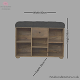 Solid Wood - Shoe Storage Bench - Black Tweed Seat - 58cm Height - 6 Shelves | Traditional Finish - Petalwood Interiors