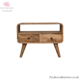 Mini Solid Wood Tv Stand - Oak Finish - 2 Drawers - Wooden Legs - 45cm Height - Petalwood Interiors