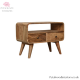 Mini Solid Wood Tv Stand - Oak Finish - 2 Drawers - Wooden Legs - 45cm Height - Petalwood Interiors