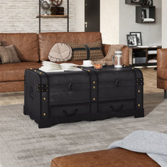 Black Wooden Treasure Chest - Vintage Storage Box & Coffee Table - 90cm