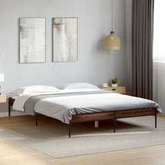 Brown Oak Double Bed Frame - Metal Legs & Plywood Slats - 135x190cm