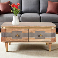 Acacia Wood Coffee Table - Berkley 2-Drawer Storage - 85cm