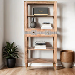 Acacia Wood Bookcase - Berkley 2-Drawer Open Storage - 180cm