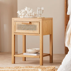 Solid Wood Rattan Bedside Table - Bali - 40cm Wide