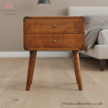 Bedside Table Solid Wood - 2 Drawers - Dark Brown Finish - Traditional Style - Timeless Design - Petalwood Interiors - Front