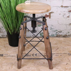Mango Wood & Iron Stool - Chayana Industrial, Height-Adjustable