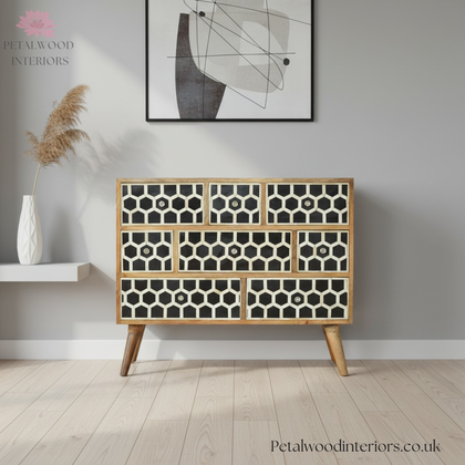 Chest of Drawers with 8 Patterned Drawers - Solid Wood - Timeless Design - Petalwood Interiors- Front