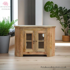 Corner TV Stand - Solid Wood - Hand-Distressed - Glazed Doors - Country Style - Timesless Desingn - Petalwood Interiors - Front