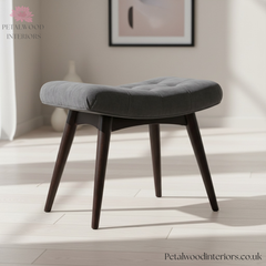 Curved Bench - Grey Cotton Velvet Upholstery - Dark Solid Wood - Timeless Design - Petalwood Interiors- Side