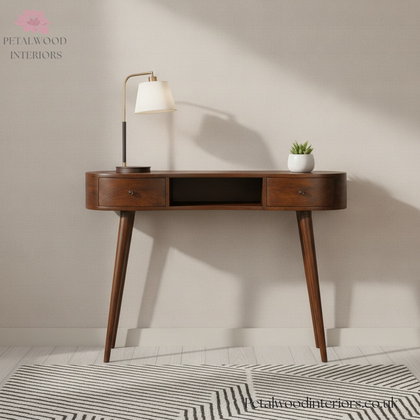 Curved Dark Brown Solid Wood Console Table - 2 Drawers - Vintage Style - Timeless Design - Petalwood Interiors - Front