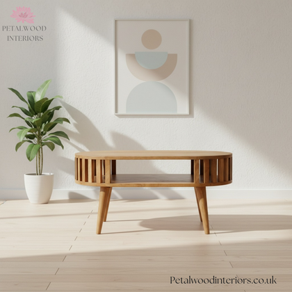 Curved Solid Wood - Coffee Table with Centre Storage Shelf - Timesless Desingn - Petalwood Interiors - Front