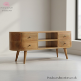 Curved Solid Wood - TV Stand with 4 Drawers and 2 Shelves - Timeless Design - Petalwood Interiors - Side
